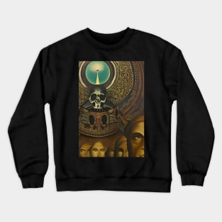 Surrealist painting like digital art of a Skull receiving light and a line of humans Crewneck Sweatshirt